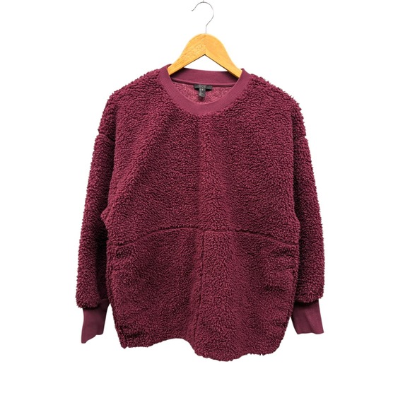 COS Sherpa Fleece Pullover Women's Size XS Burgundy Crewneck Sweater Pockets - Picture 1 of 10